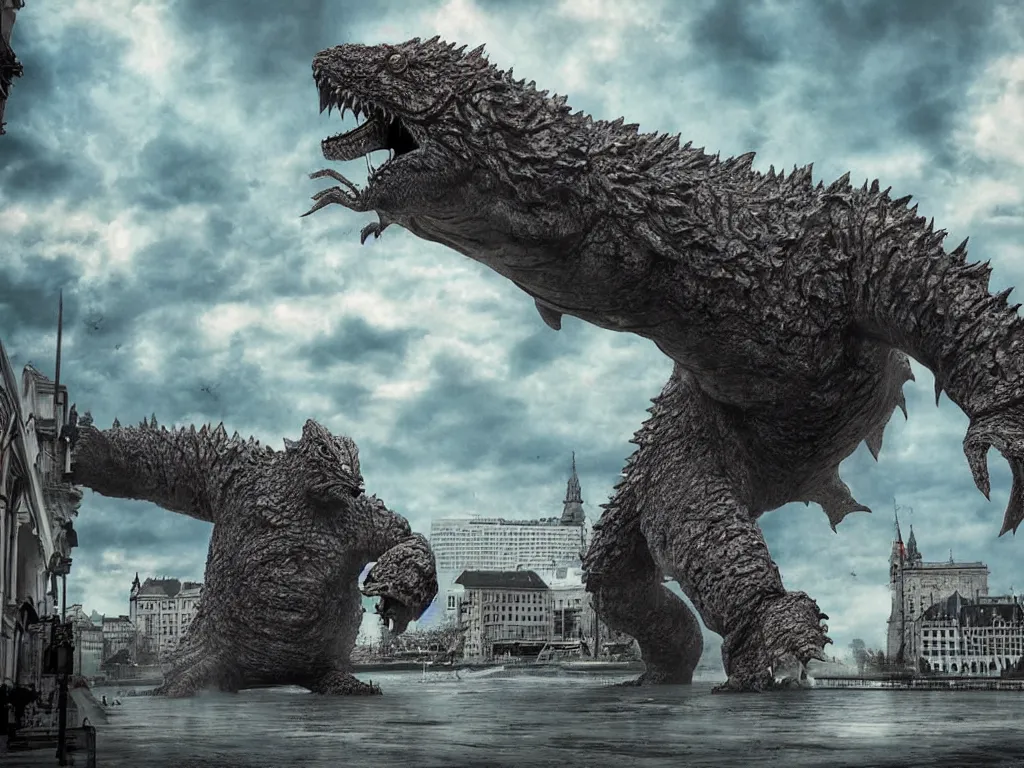 Image similar to kaiju attack in budapest photography realistic, detailed, cinematic