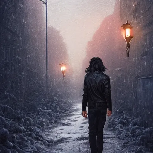 Image similar to by alexander trufanov by artgerm by simon stalenhag tsoi from back pacing lowering head dressed in short leather bomber jacket to empty narrow alley with street lamps in park with pines to the horizon,, with hands in pockets, snowfall at night, mullet long haircut, black hairs, cinematic, dramatic, detailed, realistic, movie shot, low lighting