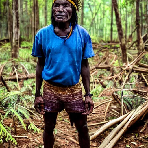 Image similar to a native man from an uncontacted Congolese tribe is brought into modern day New York and experiences severe shock, portrait photography