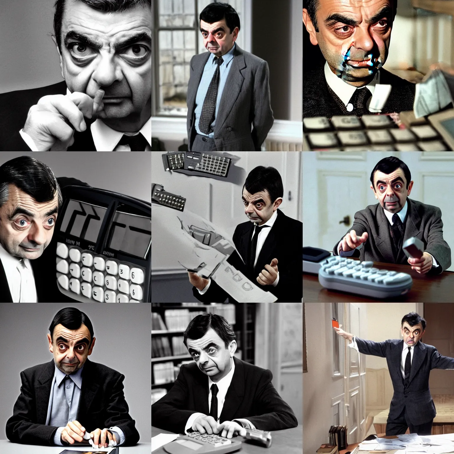 Prompt: dramatic photo of rowan atkinson as mr bean struggling to use calculator