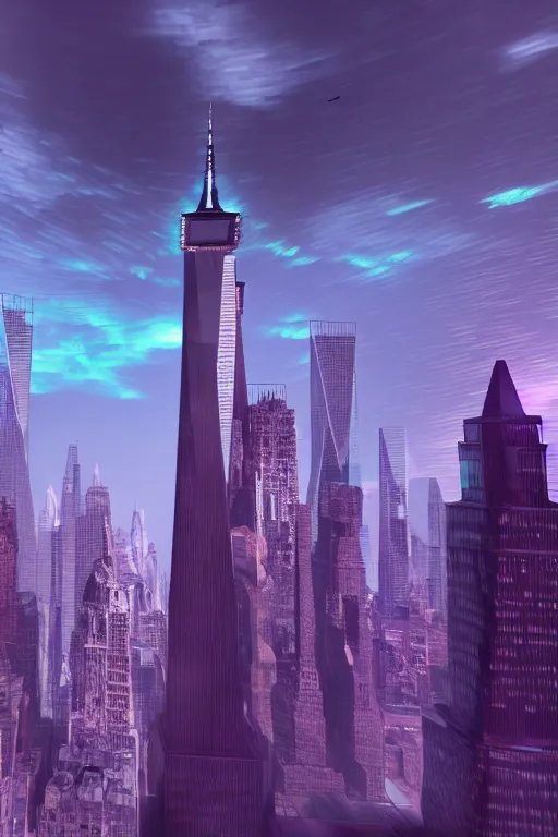 Prompt: of a cave with a miniature futuristic photo - realistic new york city with mirror windows in crystalline : 4, the statue of liberty : 4, highly symmetrical, balanced, purple lightning clouds : 3, octane render, violet sun : 4, in the style of sahm : 3, hd, ultra - realistic, in unreal engine