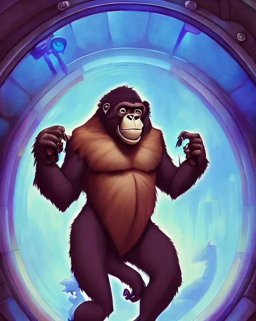 Image similar to don bluth, loish, artgerm, joshua middleton, steampunk, clockpunk anthropomorphic gorilla, full blue suit, smiling, symmetrical eyes symmetrical face, colorful animation forest background