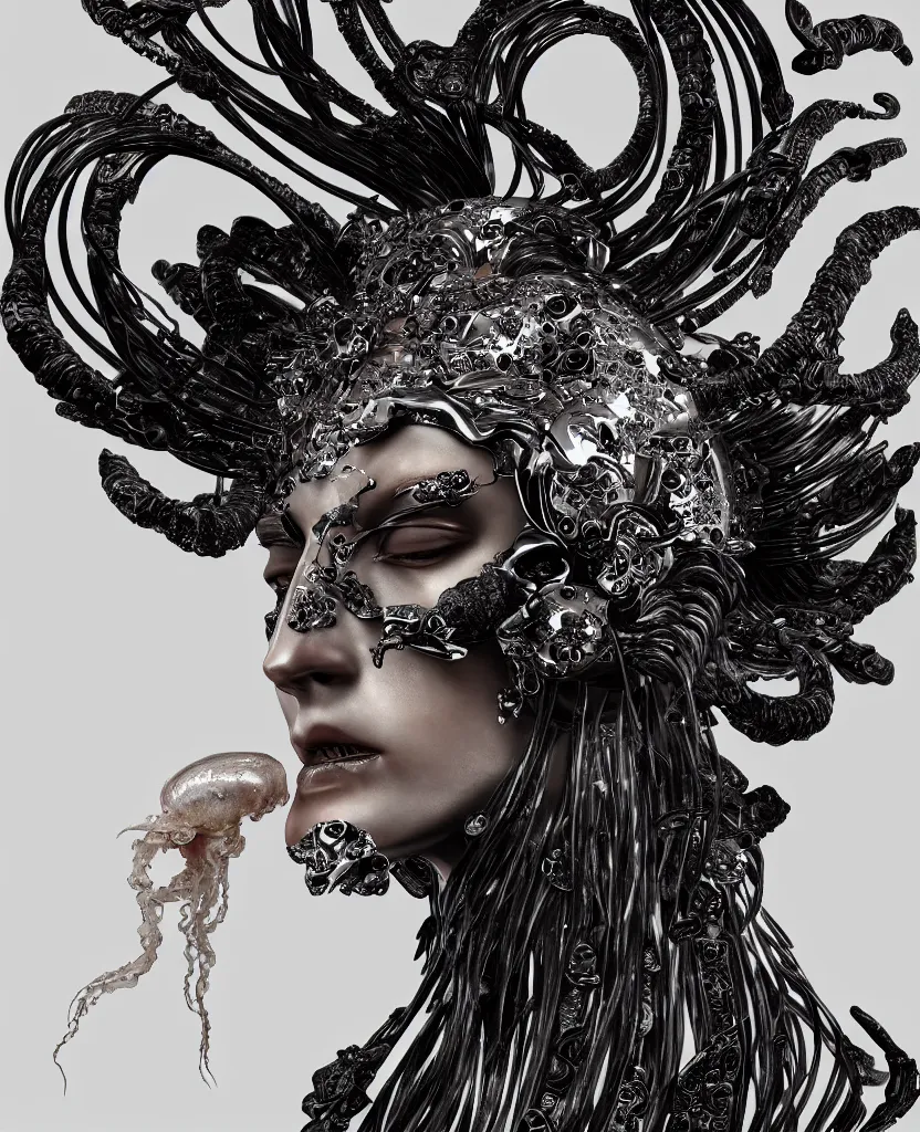 Prompt: goddess princess face close-up portrait ram skull. sculpture made of black stone with elements made of polished gold. jellyfish phoenix head, nautilus, orchid, skull, betta fish, bioluminiscent creatures, intricate artwork by Tooth Wu and wlop and beeple. octane render, trending on artstation, greg rutkowski very coherent symmetrical artwork. cinematic, hyper realism, high detail, octane render, 8k