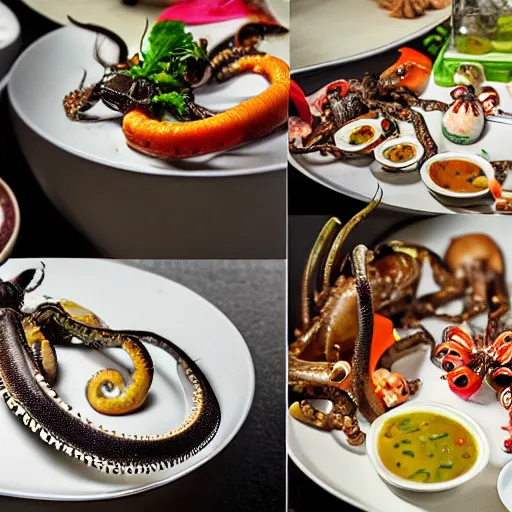 Prompt: Food photography michelin star bowl of live spiders and octopus