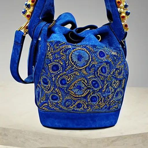 Image similar to a bucket bag made of blue suede. the bag is decorated with intricate golden paisley patterns. the handle of the bag is made of rubies and pearls.