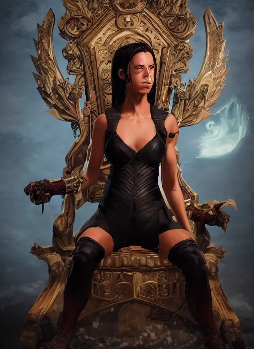 Image similar to An epic fantasy comic book style portrait painting of a tan woman with black hair in a pony tail and serious eyes sitting on a throne, unreal 5, DAZ, hyperrealistic, octane render, cosplay, RPG portrait, dynamic lighting