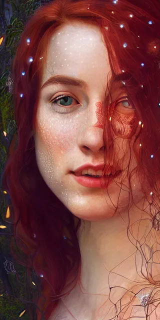 Image similar to young woman, smiling amazed, firefly lights, full covering intricate detailed dress, amidst nature, long red hair, precise linework, accurate green eyes, small nose with freckles, beautiful oval shape face, empathic, expressive emotions, dramatic lights, hyper realistic ultrafine art by artemisia gentileschi, jessica rossier, boris vallejo