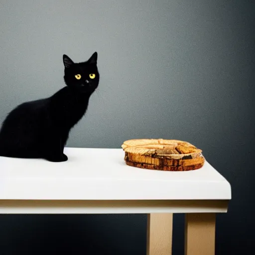 Image similar to studio photograph of a black cat sitting on a white table