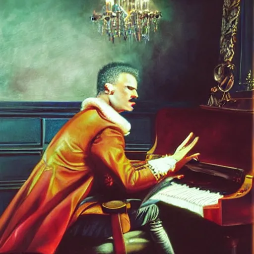 Image similar to Falco singer performing the song amadeus. Epic painting by James Gurney and Belén Ortega.