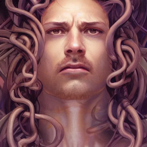 Image similar to male medusa, highly detailed, digital painting, cute face, artstation, concept art, smooth, sharp focus, illustration, art by artgerm and greg rutkowski and alphonse mucha