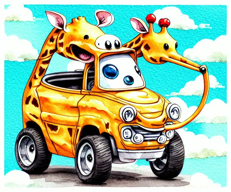 Image similar to cute and funny, giraffe wearing a helmet riding in a tiny hot rod with oversized engine, ratfink style by ed roth, centered award winning watercolor pen illustration, isometric illustration by chihiro iwasaki, edited by range murata, tiny details by artgerm and watercolor girl, symmetrically isometrically centered