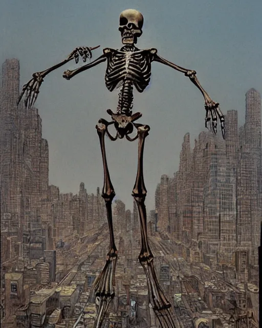 Prompt: a huge human skeleton looming over a city provoking an unsettling emotion, photorealism by Wayne Barlowe