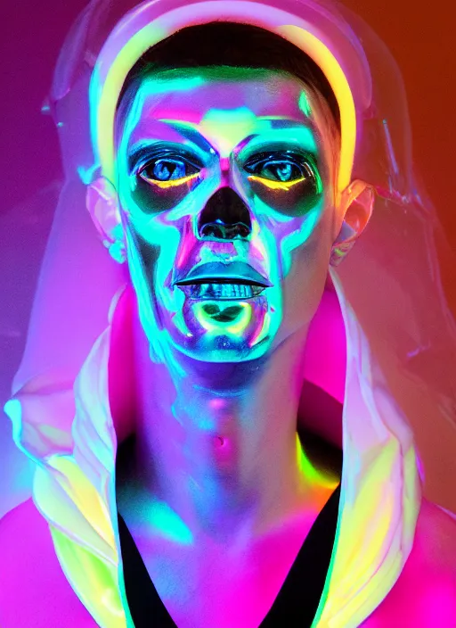 Image similar to photo of fullbodied baroque and bladerunner delicate neon diamond sculpture of seductive ceramic albino marble prince andres sanjuan dotado creamy orange iridescent humanoid deity wearing white fluffy hoody holding diamond skull in a black metallic dungeon, reclining, glowing rainbow face, crown of white diamonds, cinematic lighting, photorealistic, octane render 8 k depth of field 3 d