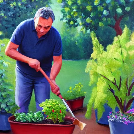 Image similar to viktor orban gardening, oil painting