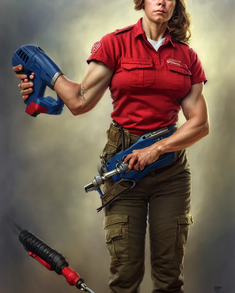 Image similar to epic portrait a slightly muscular woman wearing short sleeved uniform and carrying a red power tool drill, detailed, centered, digital painting, artstation, concept art, donato giancola, Joseph Christian Leyendecker, WLOP, Boris Vallejo, Breathtaking, 8k resolution, extremely detailed, beautiful, establishing shot, artistic, hyperrealistic, beautiful face, octane render