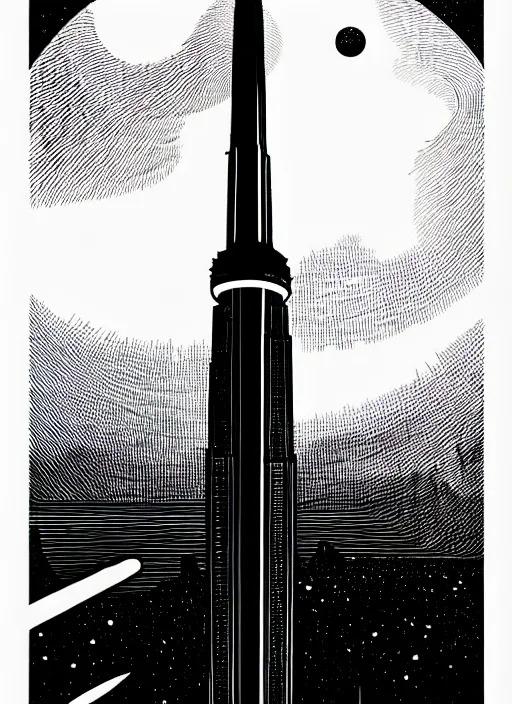 Prompt: cn tower, extremely detailed, bold line art, by vincent di fate and joe fenton and artgerm, toronto, inking, etching, screen print, inkblots of color, masterpiece, trending on artstation, sharp, high contrast, hyper realistic, hd, 4 k, 8 k