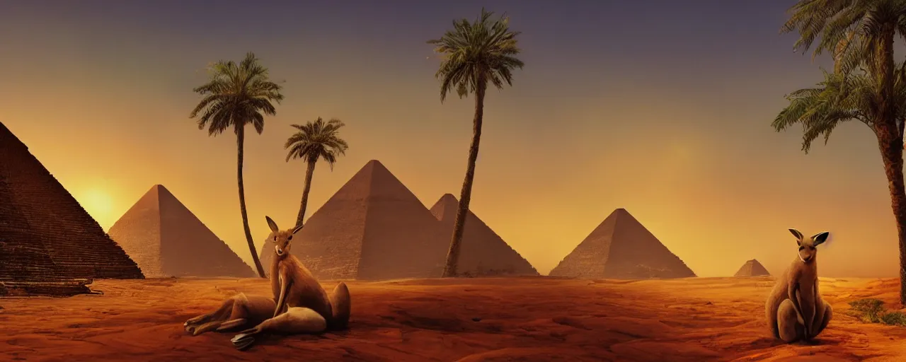 Image similar to a professional portrait, of an anthropomorphic kangaroo sitting outside of an ancient egyptian pyramid, tropical palm trees and eucalyptus trees everywhere, rocky desert cliffs in background, sunset, sunrays, cinematic lighting, ancient egyptian architecture buildings, detailed, artstation, omni magazine, orange sky, h - 6 4 0