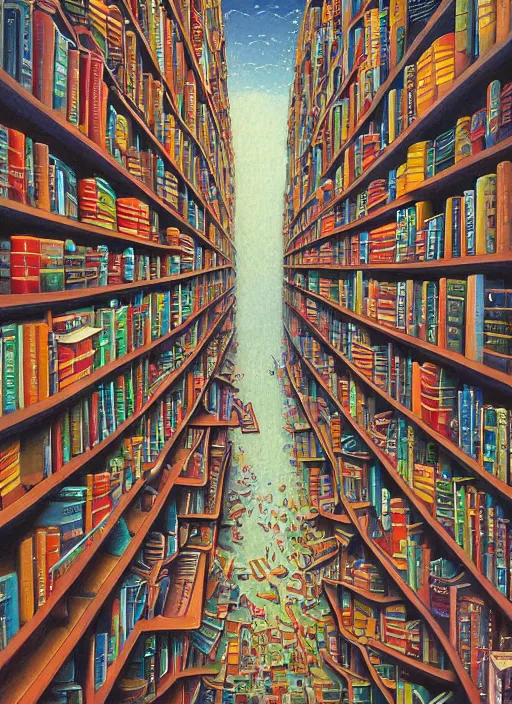 Prompt: the staircase at powell's city of books, vintage shapes, retro technology, happy colors. rob gonsalves, oil on canvas, deep depth field, masterpiece, cinematic composition, hyperdetailed