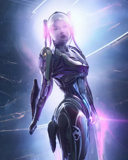 Image similar to photo of a android girl on a mothership, warframe armor, beautiful face, scifi, nebula, futuristic background, galaxy, raytracing, dreamy, focused, sparks of light, pure, long white hair, blue cyborg eyes, glowing, 8 k high definition, insanely detailed, intricate, innocent, art by akihiko yoshida, li zixin, woo kim