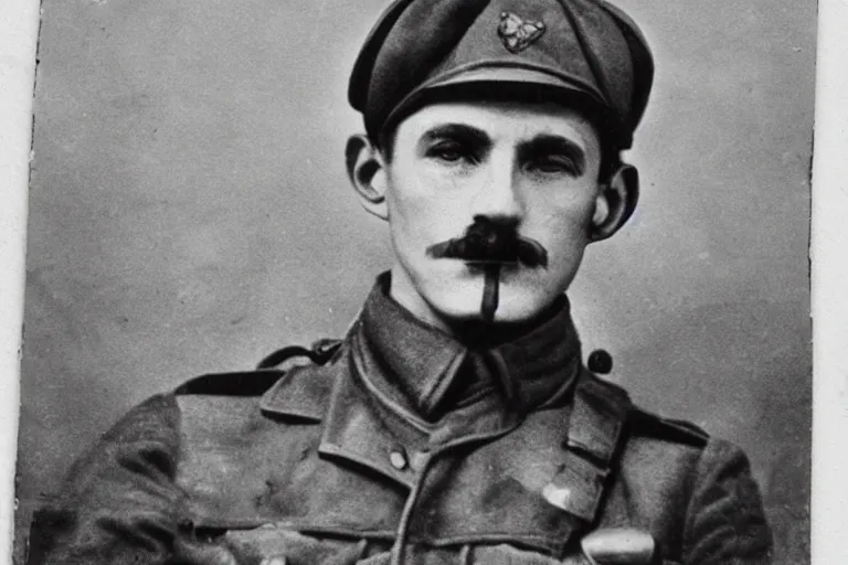 Image similar to Luigi as a world war I soldier, photograph, colorized, damaged