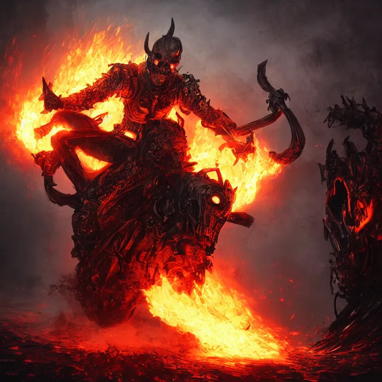 Prompt: Ghost Rider, flaming grim reaper, demons of hell, the pits of hell, headshot photo, character concept, dark souls concept art, Feng Zhu concept art, dramatic lighting, highly stylized, trending on artstation, high-quality wallpaper, desktopography