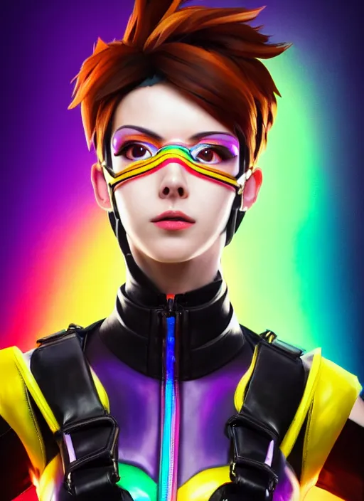 Image similar to overwatch style oil painting portrait of tracer overwatch, confident pose, wearing black iridescent rainbow latex, rainbow, neon, 4 k, expressive surprised expression, makeup, wearing detailed black leather collar, wearing sleek armor, studio lighting, black leather harness, expressive detailed face and eyes,