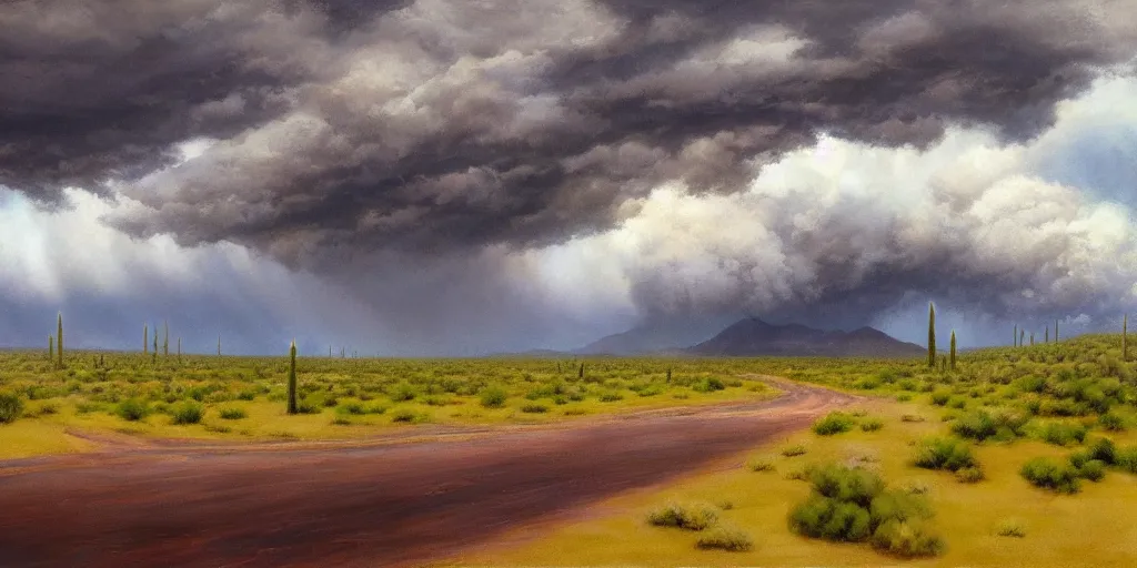 Prompt: a stormy monsoon rainstorm in the arizona desert, the landscape is mostly green with lots of mesquite trees and bushes, puddles, beautiful cloudy deep blue sky, by georgia o'keeffe and thomas kinkade and quentin mabille and geoffroy thoorens, trending on artstation - n 9