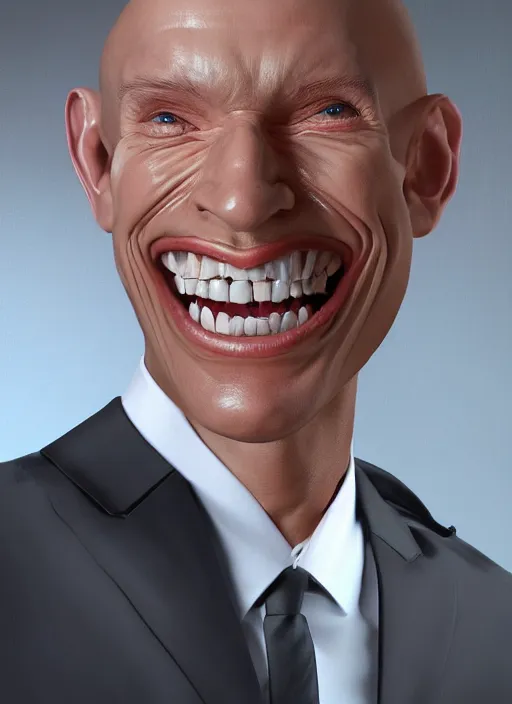 Image similar to a hyper realistic portrait of a smiling male alien in a suit for advertisement, artstation
