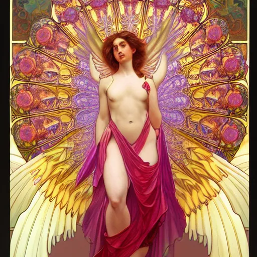 Image similar to a beautiful orchid phoenix angel woman, in an ornamented dress with large, volumetric light, god rays, 8 k high resolution, rubies, by alphonse mucha, artgerm, greg rutkowski