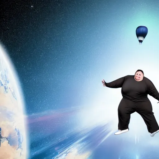 Prompt: some really obese man taking a leap of faith through space, only for his body to rapidly inflate due to lack oxygen