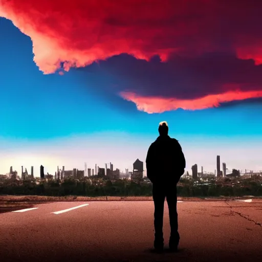 Image similar to man watching post apocalyptic city with burning red sky