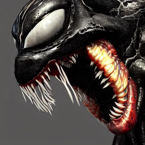 Image similar to Venom portrait by Marcus Whinney Artstation, highly detailed, photorealism, zbrush sculpt, substance painter, texturing XYZ, Subsurface scattering, cinematic lighting, high contrast, depth of field, futuristic art, golden ratio, rule of thirds, surrealism Unreal engine 5