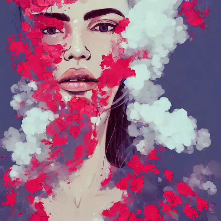 Prompt: candid portrait of very beautiful young filipino woman with narrow face, surrounded by dramatic swirling smoke and flowers, face partially obscured, dark background, by conrad roset, abstract, trending on artstation