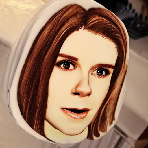 Image similar to a cup cake with vanilla frosting in the shape of the face of kate mara, 4 k, hyperdetailed, photorealism