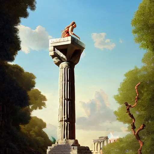 Image similar to full-body view of beatiful young greek godess in steel helmet standing on a giant Zeus head, greek temple of olympus glory island little wood bridge painting of tower ivy plant in marble late afternoon light, wispy clouds in a blue sky, by frank lloyd wright and greg rutkowski and ruan jia