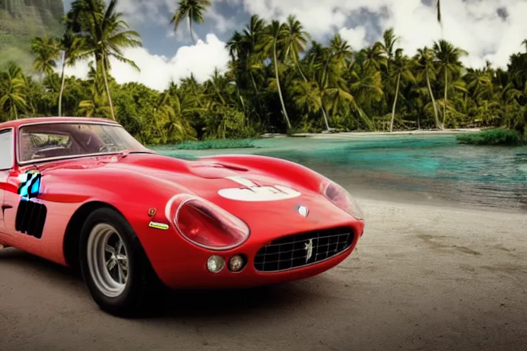 Image similar to cinematography of Ferrari 250 GTO series 2 in bora bora by Emmanuel Lubezki