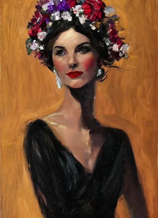 Prompt: expressive _ oil _ painting _ of _ alluring _ catriona balfe, _ seductive _ look _ smooth _ glowing _ skin _ black _ dress _ ornate _ headpiece _ made _ from _ flowers _ glamour _ shot _ - c _ 1 2. 0