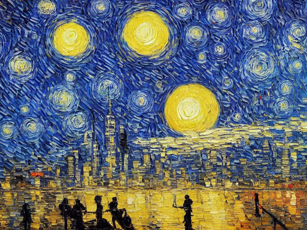 Image similar to bright beautiful oil painting of the death star aims its weapon at new york city in 2 0 1 9, light scatter, van gogh