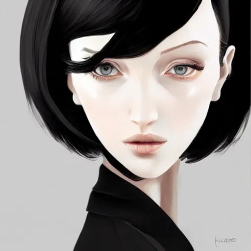 Image similar to slim girl in tuxedo with short black hair, elegant, 2d, ultra highly detailed, digital painting, smooth, sharp focus, artstation, art by Ilya Kuvshinov