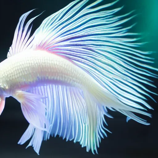 a graceful iridescent white betta fish with long | Stable Diffusion