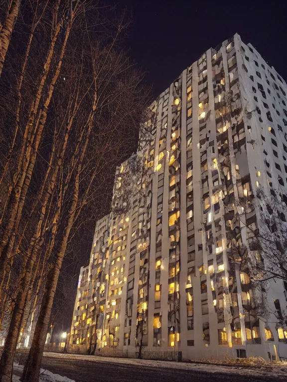 Image similar to soviet residential building in a residential area of russia, lights are on in the windows, night, starry sky, post - soviet courtyard, cozy atmosphere, light fog, street lamps with orange light, several birches nearby, several elderly people stand at the entrance to the building