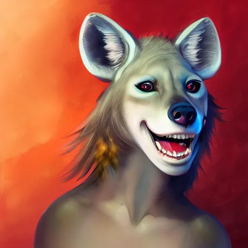 Prompt: painted portrait of an anthropomorphic hyena smiling, trending on artstation, by anna dittmann