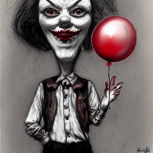 Image similar to surrealism grunge cartoon portrait sketch of georgie from it with a wide smile and a red balloon by - michael karcz, loony toons style, pennywise style, horror theme, detailed, elegant, intricate