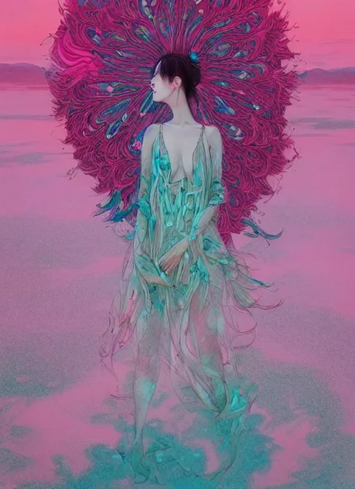 Image similar to lee jin - eun in luxurious flowery dress emerging from pink and turquoise water in salar de uyuni with the ground reflecting the aurora borealis by takato yamamoto, james jean, conrad roset, ruan jia, martine johanna, rule of thirds, elegant look, beautiful, chic, face anatomy, cute complexion