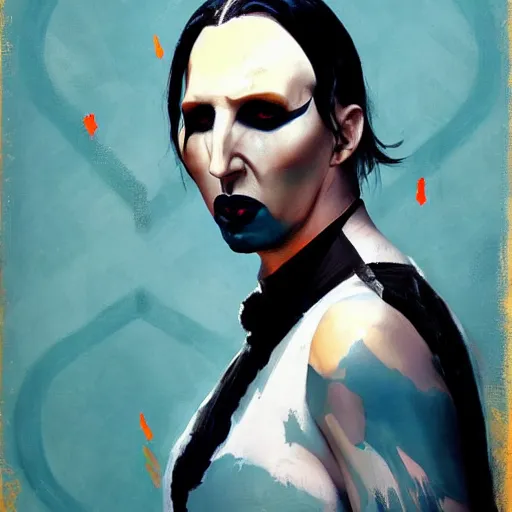 Image similar to Greg Manchess portrait painting of Marilyn Manson as Overwatch character, medium shot, profile picture, Organic Painting, sunny day, Matte Painting, bold shapes, hard edges, street art, trending on artstation, by Huang Guangjian and Gil Elvgren and Sachin Teng