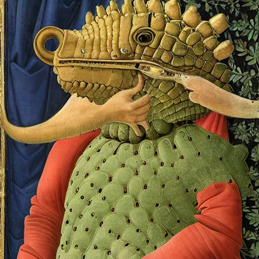 Image similar to portrait of ankylosaurus dressed as an italian nobleman, 1 4 0 0, painting by botticelli