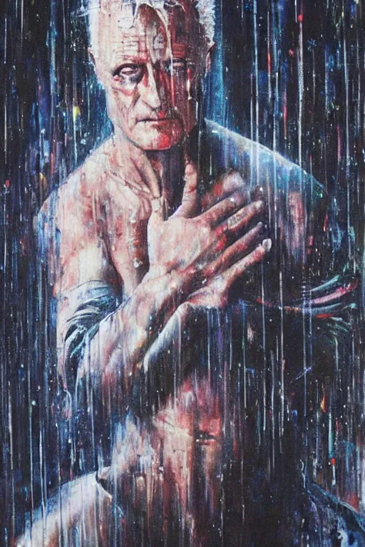 Image similar to a painting that asks the viewer to question the very purpose of life when all memories will be lost in time like tears in the rain, the replicant roy batty is capable of showing more empathy than his human creators, in the style of blade runner, ridley scott