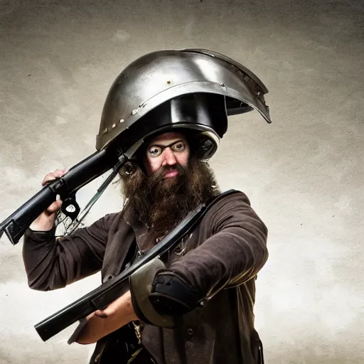 Image similar to Photo of a man wearing a combat helmet on his head aiming a musket, postapocalyptic