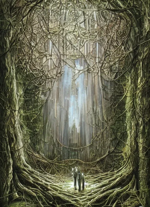 Image similar to a crystal cube in a forest, highly detailed, intricate, concept art, art station, cinematic light, realistic, ethereal light, art by H.R. Giger and sorayama