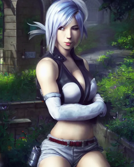 Prompt: tifa lockhart with white hair, beautiful face, garden, utopian city, solarpunk, perfect, attractive, illuminated, ultra realistic, atmosphere, cinematic, artstation, highly detailed